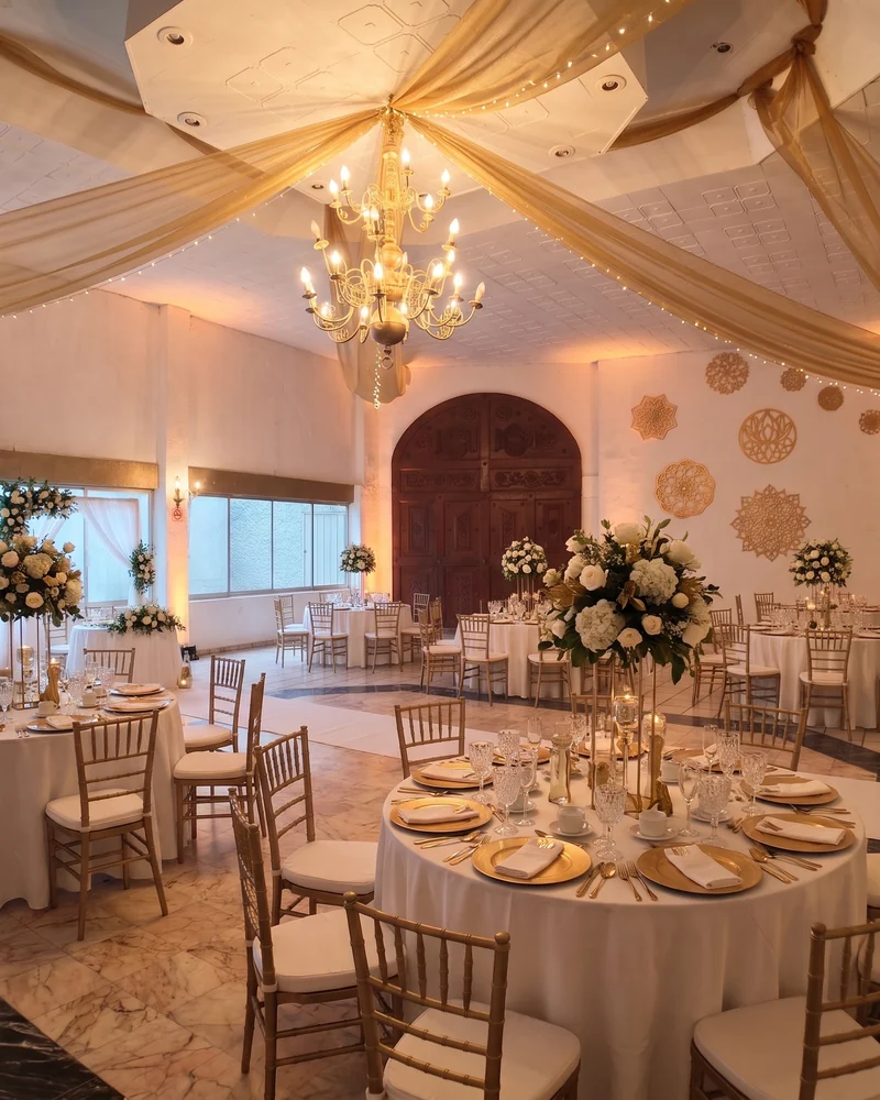 Montaje de boda en La Fuente Arboledas con tules dorados y centros florales