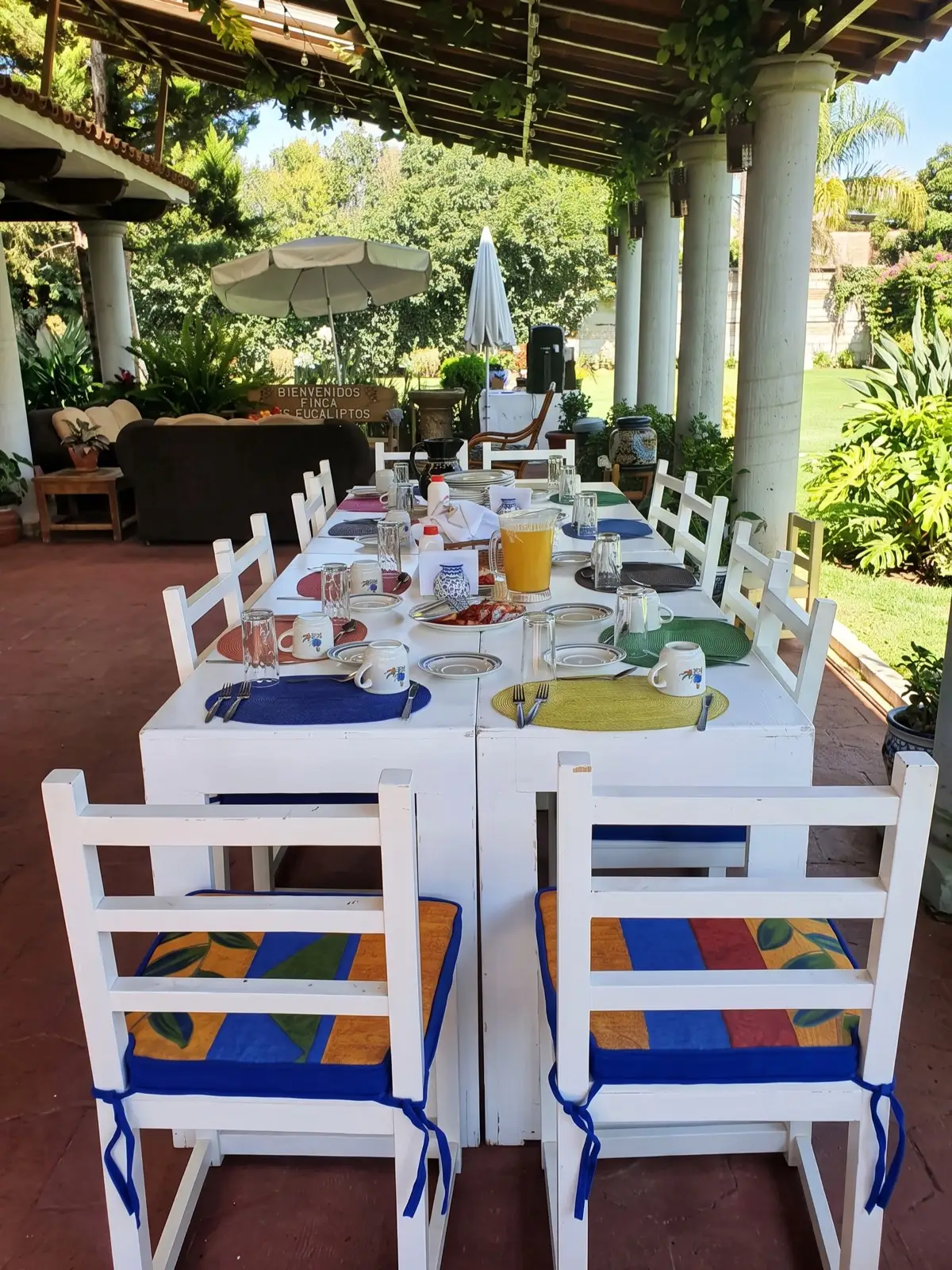 Mesa de desayuno al aire libre con jugo y platillos servidos